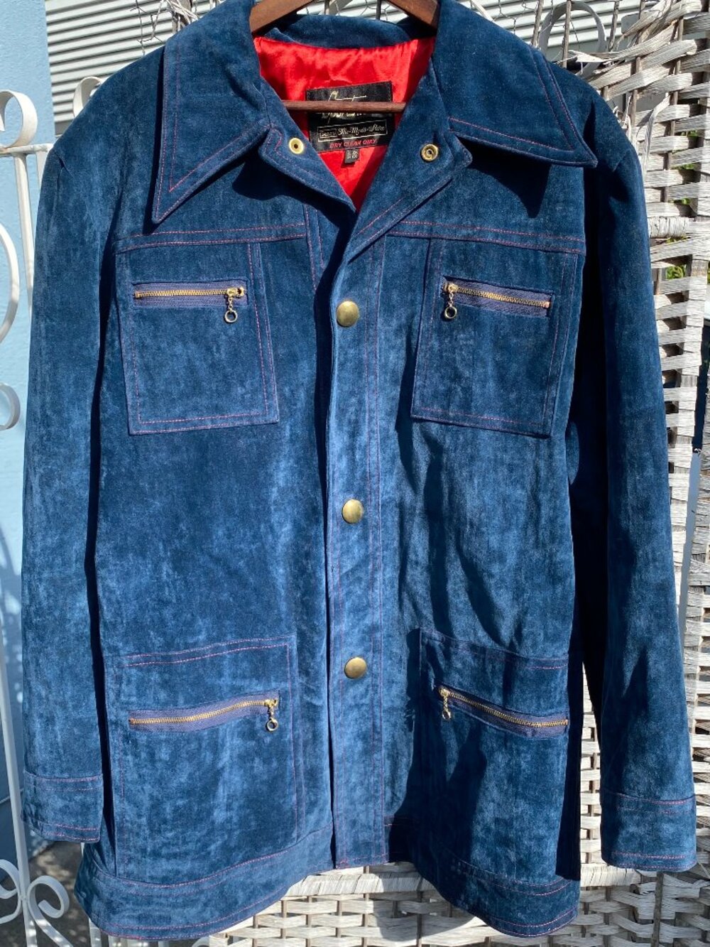 1970s Sears The Men's Store Sportswear Blue Suede Velour Safari Chore Jacket 46